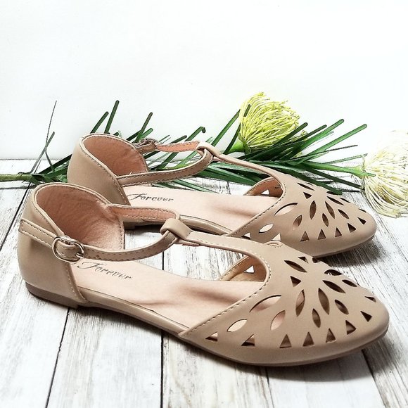 New Taupe T-Strap Mary Jane Cut Out Sandals Flats - Picture 1 of 3